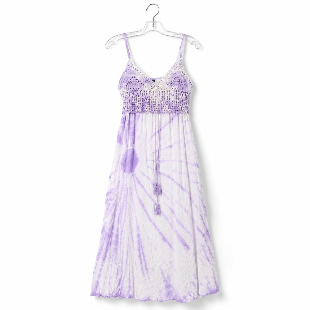 Raviya Maxi Dress Womens Medium Lavender Tie Dye Crochet Bodice Boho Cover Up